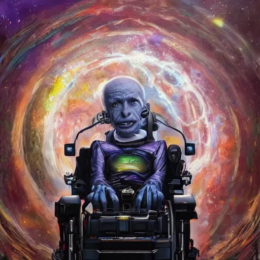 Prompt: A cyborg Steven Hawking as the ultimate tyrant emperor of the universe. Realistic sci-fi concept. Trending on ArtStation. A vibrant digital oil painting. A highly detailed fantasy character illustration by Wayne Reynolds and Charles Monet and Gustave Dore and Carl Critchlow and Bram Sels