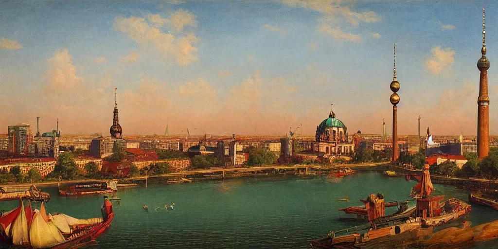 Prompt: berlin skyline in the style of raja ravi varma, high detail, realism