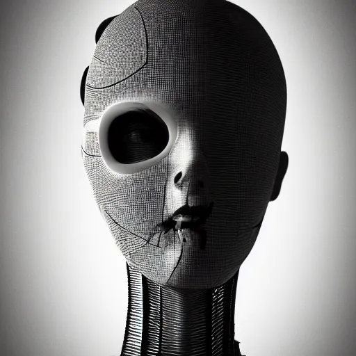 Image similar to black and white dreamy foggy smoky profile face portrait, single skeletal biomechanical beautiful young female cyclops - cyborg - robot bust, body ribs meshes,, volumetric light, rim light, by dora maar and cecile beaton, big gothic fashion pearl embroidered collar, 8 k
