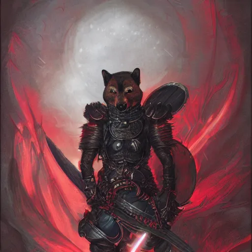 Prompt: anthropomorphic shiba inu, wearing of berserk anime guts black armor and two hand berserk sword, red black light aura, fantasy, dark, portrait art by donato giancola and greg rutkowski, realistic face, dark aura, digital art, trending on artstation, symmetry