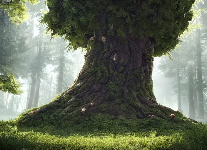 Image similar to huge tree as a rubic cube on a forest, au naturel, hyper detailed, digital art, trending in artstation, cinematic lighting, studio quality, smooth render, unreal engine 5 rendered, octane rendered, art style by pixar and dreamworks and disney and riot