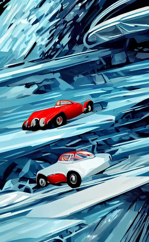 Prompt: retro - futurism, art - deco style sports car moving at hyper speed through the ice lake, poster, long - distance shot