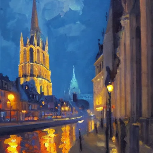 Prompt: an oil painting of Amiens, artstation, interesting lights, cathedral in background, perret