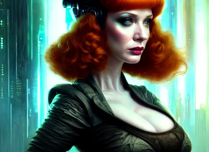 Image similar to portrait shot of christina hendricks in bladerunner wearin a cyberpunk costume, intricate, elegant, highly detailed, centered, digital painting, artstation, concept art, smooth, sharp focus, illustration, artgerm, tomasz alen kopera, peter mohrbacher, donato giancola, joseph christian leyendecker, wlop, boris vallejo