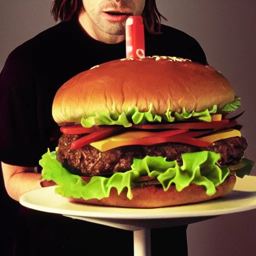 Prompt: kurt cobain eating an enormous hamburger, octane render, terry richardson, 8 k, high detail