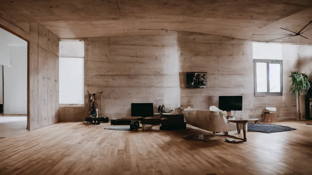 Image similar to dslr photograph of a living room, wooden floor, concrete wall