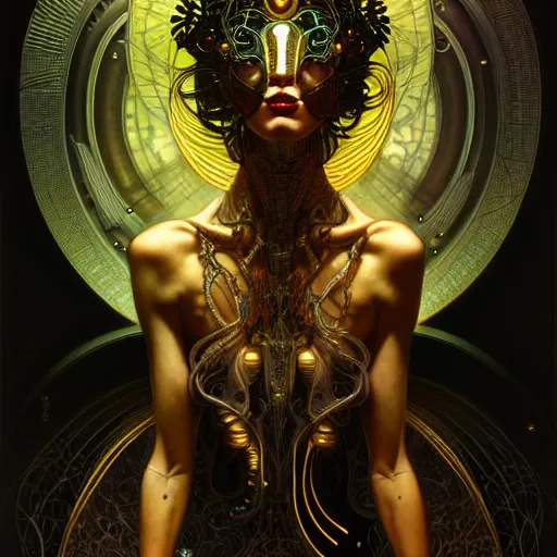 Image similar to extremely psychedelic beautiful cyborg god infected by night. intricate, elegant, highly detailed, extremely lifelike photorealistic digital painting, artstation. steichen, gaston bussiere, tom bagshaw, cyberpunk alphonse mucha. elegant minimalism. anatomically correct. sharp focus. black and gold. surreal lush cosmic hallucination