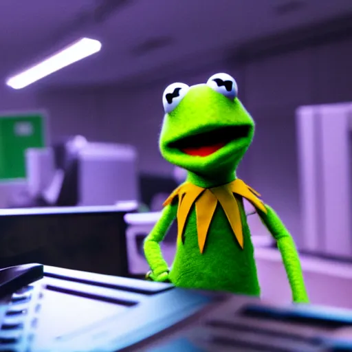 Image similar to Kermit the frog as a computer hacker, wearing a hoodie in a dim data center over a computer screen glowing, cyberpunk unreal 4k muppet digital art