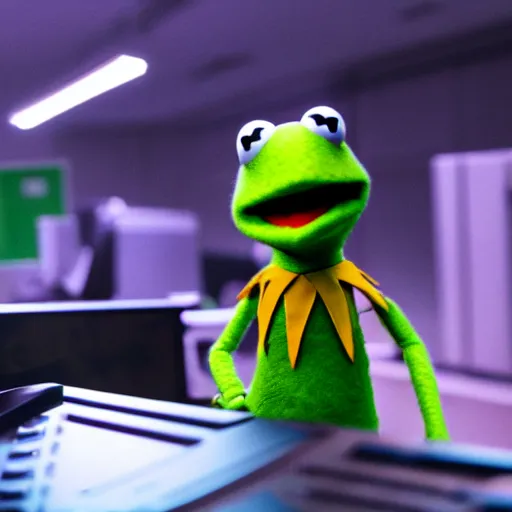 Prompt: Kermit the frog as a computer hacker, wearing a hoodie in a dim data center over a computer screen glowing, cyberpunk unreal 4k muppet digital art