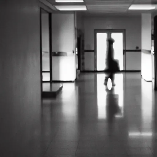 Image similar to hospital hallway, hidden blurry shadow man, eerie, liminal, creepy