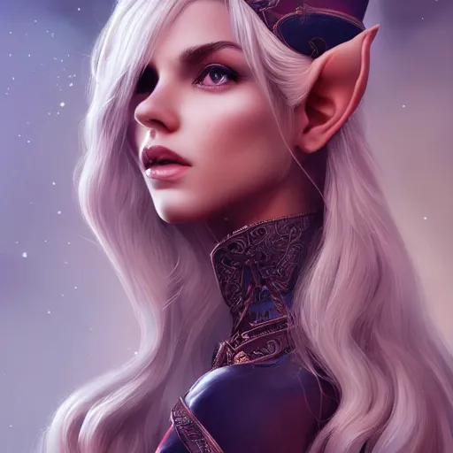 Prompt: beautiful Elf, blonde hair, dark fantasy, feminine figure, gorgeous, pretty face, beautiful body, revealing outfit, high detail, realistic, cgsociety, artgerm, trending on artstation