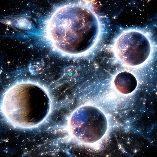Image similar to army of balls with universes inside, hubble background, 5 5 mm