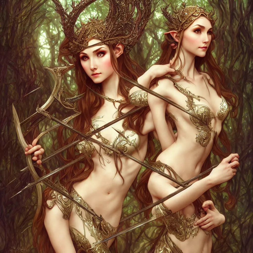 Prompt: a photograpic of elven archers, cute, fantasy, intricate, elegant, centered, wide lens, highly detailed, digital painting, artstation, long shot, photographic, full-body portrait, concept art, smooth, sharp focus, illustration, art by artgerm and H R Giger and alphonse mucha