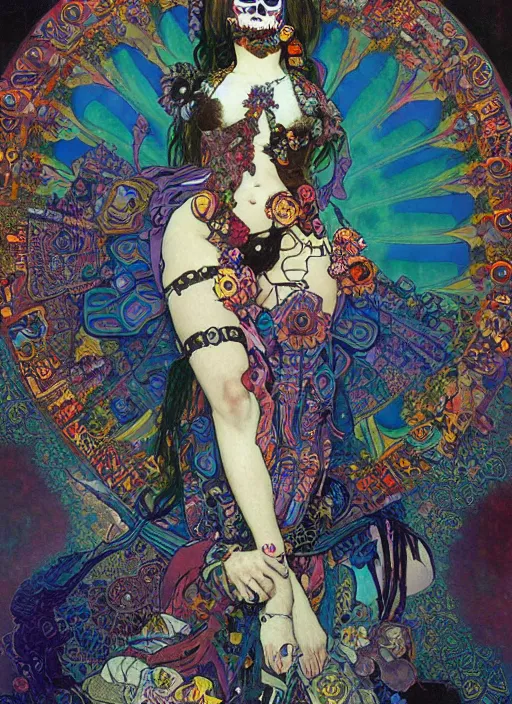 Prompt: psychedelic poster art of a cute punk goth cyberpunk fractal Día de los Muertos girl posing by Victor Moscoso Rick Griffin Alphonse Mucha Gustav Klimt Ayami Kojima Amano Charlie Bowater, masterpiece