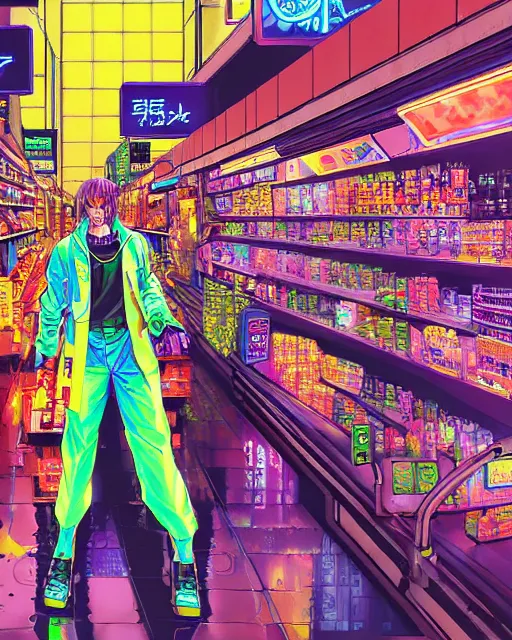 Image similar to cyberpunk man shopping at a neon soaked grocery store, science fiction painting, elegant intricate digital painting artstation, art by masamune shirow, detailed