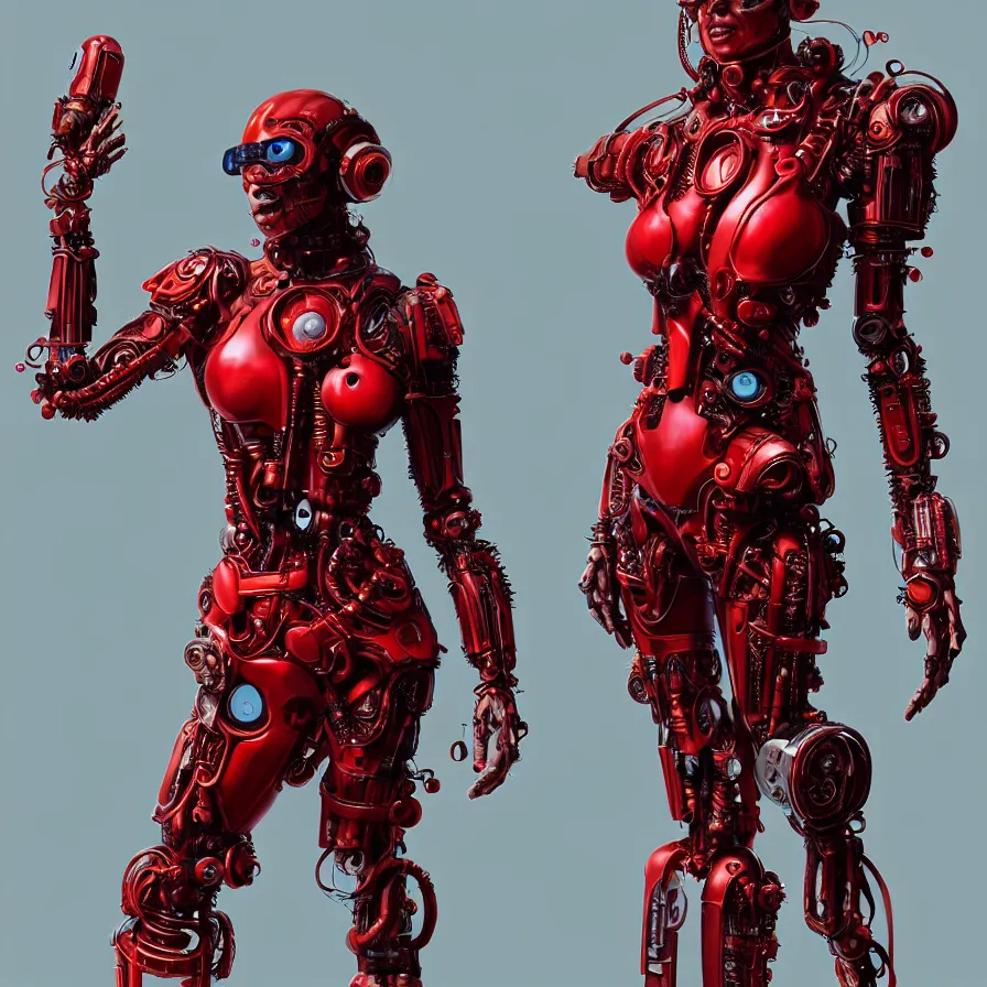 Image similar to portrait, super hero pose, red biomechanical dress, inflateble shapes, wearing epic bionic cyborg implants, masterpiece, intricate, biopunk futuristic wardrobe, highly detailed, art by akira, mike mignola, artstation, concept art, background galaxy, cyberpunk, octane render