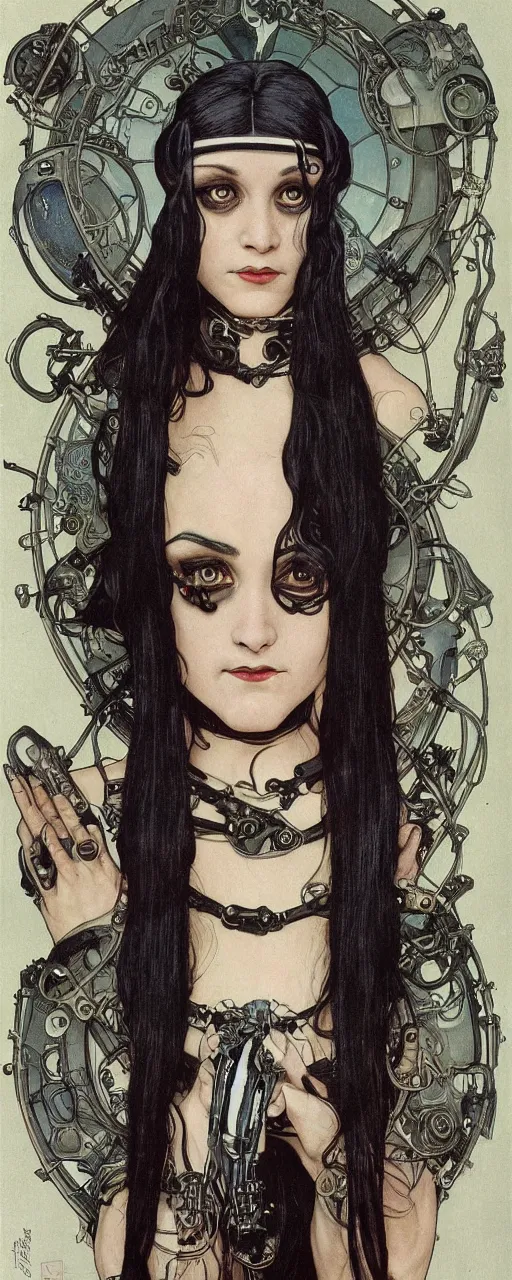 Image similar to beautiful stunning sci - fi art nouveau portrait of wednesday addams as a heavy metal industrial crustpunk rebel soldier by michael kaluta, moebius and alphonse mucha, photorealism, extremely hyperdetailed, perfect symmetrical facial features, perfect anatomy, ornate declotage, weapons, circuitry, high technical detail, determined expression, piercing gaze