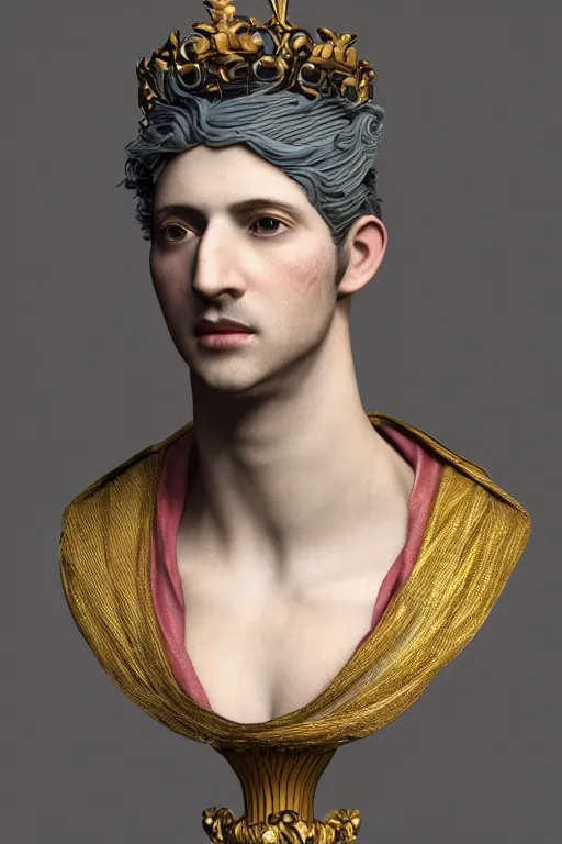 Prompt: a realistic porcelain full-head rococo style bust of handsome young Spanish prince a faded style haircut and a crown made of colored pipecleaners, suspended in outer space, photorealism, octane render, depth of field, 8k, 35mm, artgem, Trending on artstation