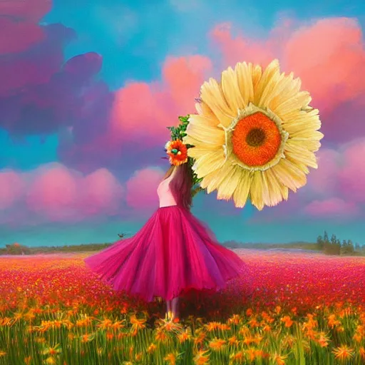 Prompt: giant daisy flower as headdress, full body girl standing in a flower field, surreal photography, sunrise, dramatic light, impressionist painting, colorful clouds, digital painting, artstation, simon stalenhag