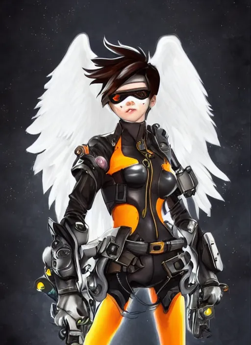 Image similar to full body artwork of tracer overwatch wearing leather collar, angel wings, dramatic painting, symmetrical composition, wearing detailed leather collar, black shiny armor, chains, black harness, detailed face and eyes,