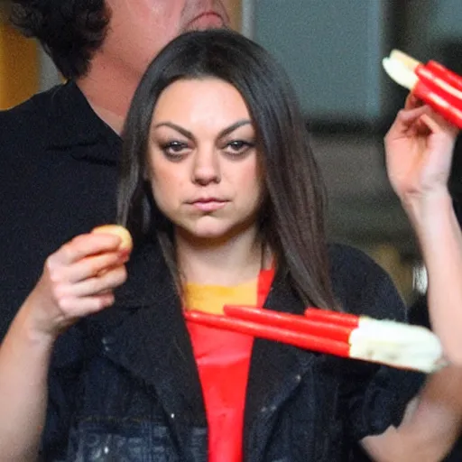 Image similar to mila kunis eating a hot dog with chopsticks, mixed with party clowns