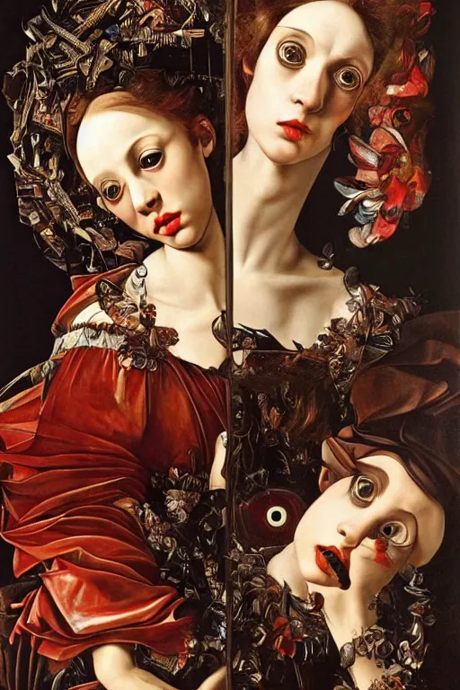 Image similar to Detailed maximalist portrait with large lips and with large, wide eyes, expressive, extra flesh, HD mixed media, 3D collage, highly detailed and intricate, surreal, illustration in the style of Caravaggio, dark art, baroque