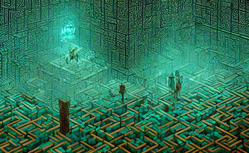 Image similar to interior of an elaborate labyrinth of runic cubes, ancient overgrown, dark teal, endless maze - like runes, sharp high detail, masterpiece by satoshi kon, crystal cubism, greeble, tesseract, darksynth, high definition