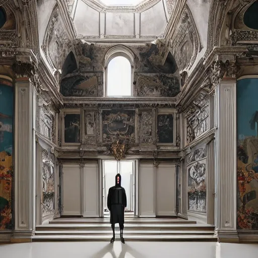 Image similar to Batman standing in giant Italian modern castle living room, clean minimalist design, that is 1300 feet tall, with very tall giant walls filled with modern art paintings, doors that are cosmic portals, photo by Annie Leibovitz