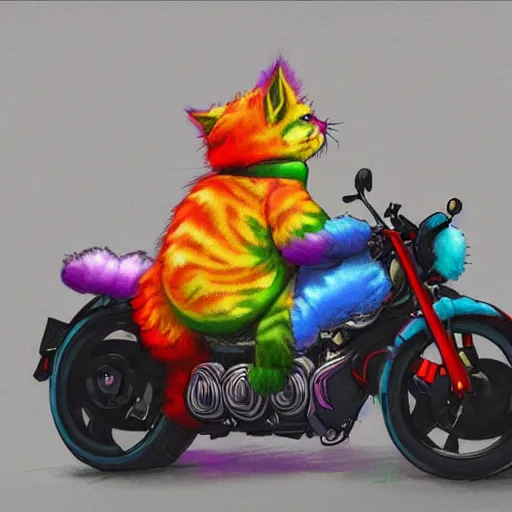 Image similar to wide angle full body, jacket wearing fluffy cute rainbow kitten wearing a black leather motorcycle jacket, riding on a motorcycle, cinematic concept art