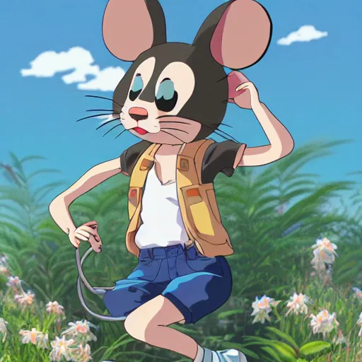 Image similar to in the style of studio ghibli, anthropomorphic mouse, female, wearing denim shorts and tank top, detailed, intricate, aesthetic, artistic, ambient occlusion, volumetric light effect, 8 k resolution