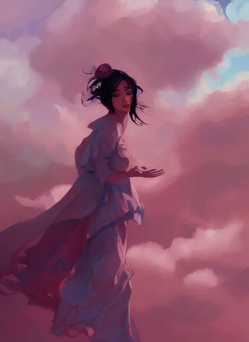 Image similar to woman, pink clouds, by loish