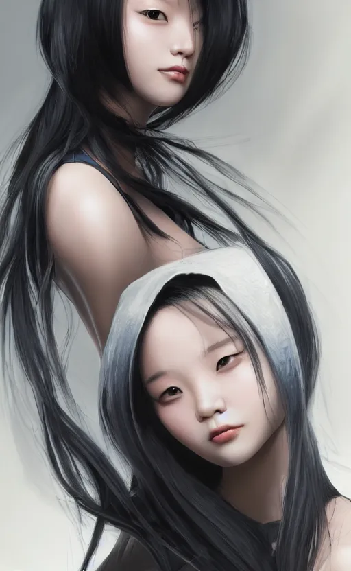 Image similar to girl black hair, by Eunji Lee, 4k, digital art, ultra realistic, ultra detailed, concept art, trending on artstation