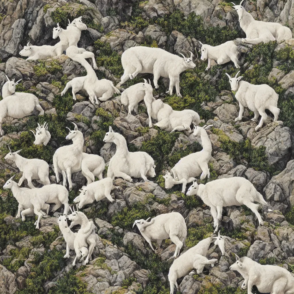 Image similar to mountain goats on a sheer cliffside, expressive, hyperrealism, photorealistic, lithography, fabric pattern