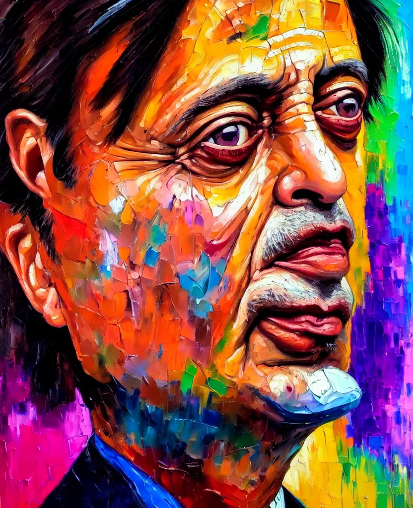 Prompt: an oil painting portrait closeup of shashi tharoor in style of francois nielly, oil painting, vibrant colors, pallette knife oil painting, perfect symmetry, very colorful, one single face, front portrait, one head only, artstation