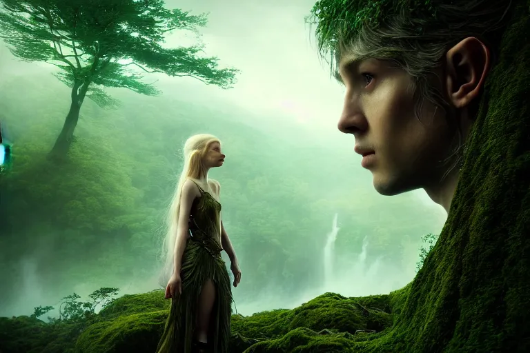 Image similar to an ultra realistic, cinematic, fantasy, headshot portrait, of an elden ring elf, fairy lights, facial features, background of a vast serene landscape, with trees and waterfalls, detailed, deep focus, movie still, dramatic lighting, ray tracing, by michal karcz and yoshitaka amano