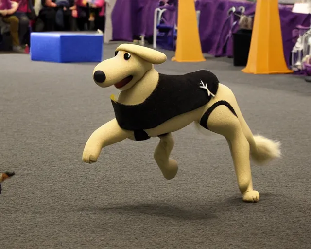 Image similar to gromit made of clay, running the agility course at the westminster kennel club dog show