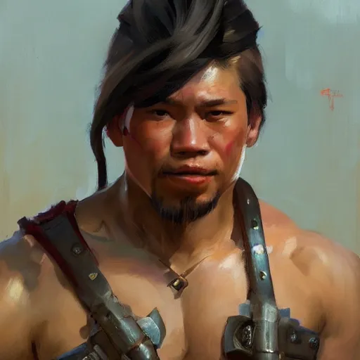 Image similar to greg manchess portrait filipino fighter struck in chestplate with a sword, organic painting, sunny day, matte painting, bold shapes, hard edges, street art, trending on artstation, by huang guangjian, gil elvgren, ruan jia, randy vargas, greg rutkowski