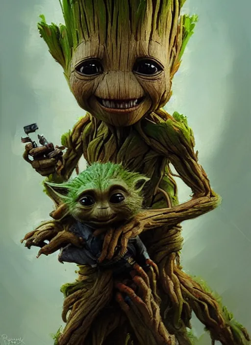 Image similar to very detailed masterpiece painting of groot holding yoda, portrait, artstation, concept art by greg rutkowski