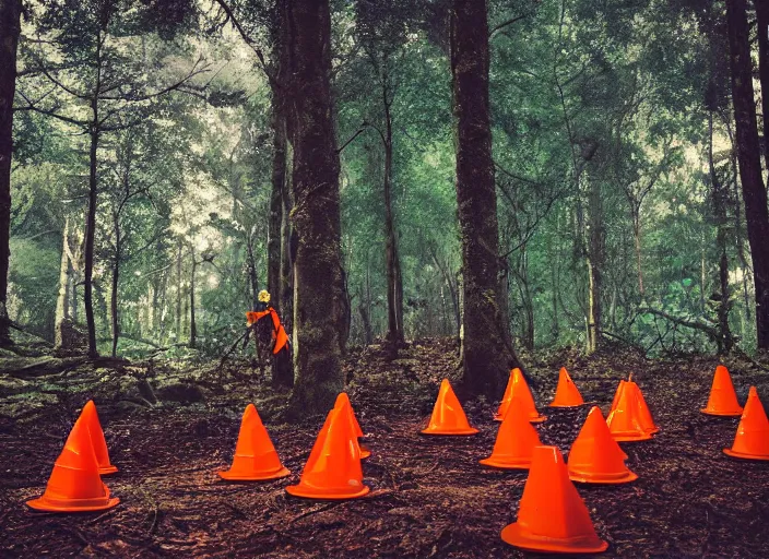 Image similar to a few orange safety cones in a beautiful strange forest, cinematic, atomspheric lighting, detailed by james jean, 2 4 mm lens, surreal