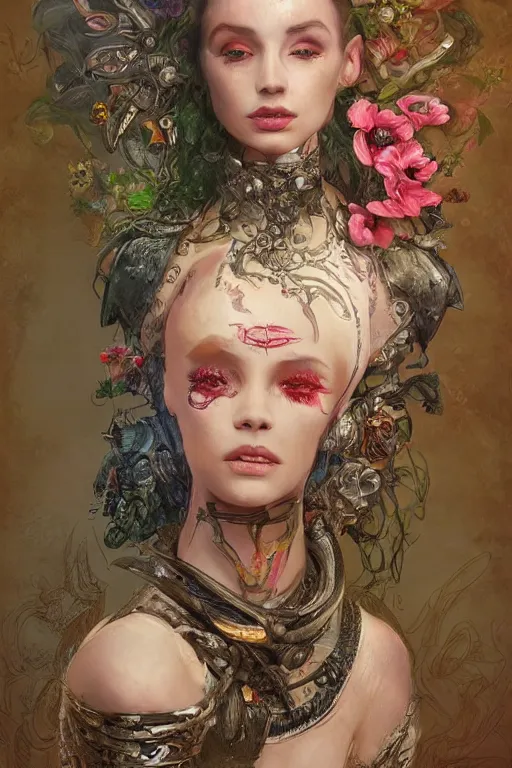 Prompt: portrait of beautiful young mainem, warhammer, cyber style, a lot of more scars, more and more flowers, the middle ages, highly detailed, artstation, illustration, artgerm sylvari portrait, 8 k quality, art by gustav klimt