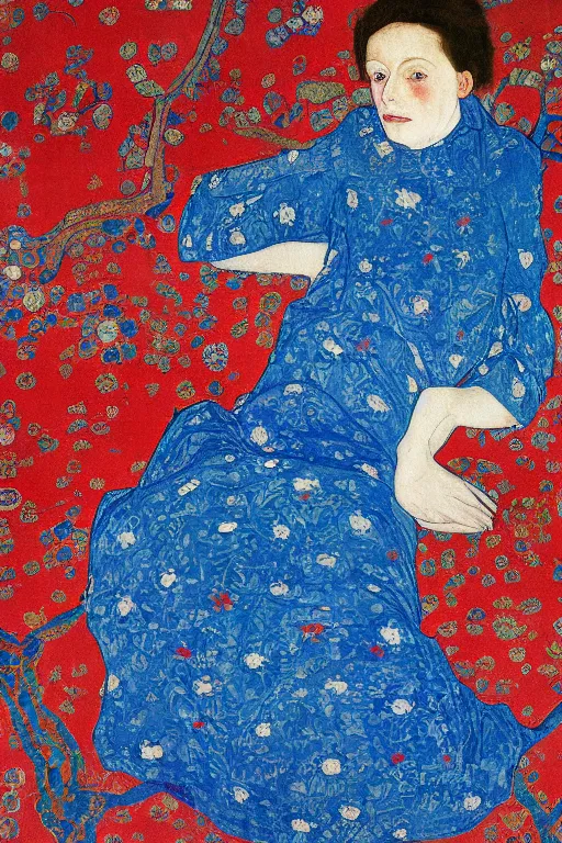 Image similar to girl waer detailed red arabesque blue dress and lay down on a detailed navy persian carpet with a big tree palm persian pot, painting by egon schiele