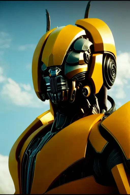 Image similar to a cinematic still from westworld, bumblebee, octane render, nvidia raytracing demo, masterpiece, aged armor plating, aggressive head,