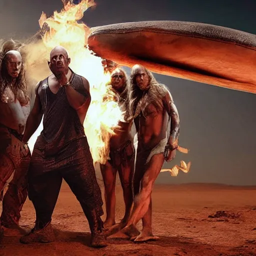 Image similar to candid photo of Vin Diesel as a witchdoctor on Mars fighting valiantly against Elon Musk by Annie Leibowitz, photorealisitc, extremely detailed