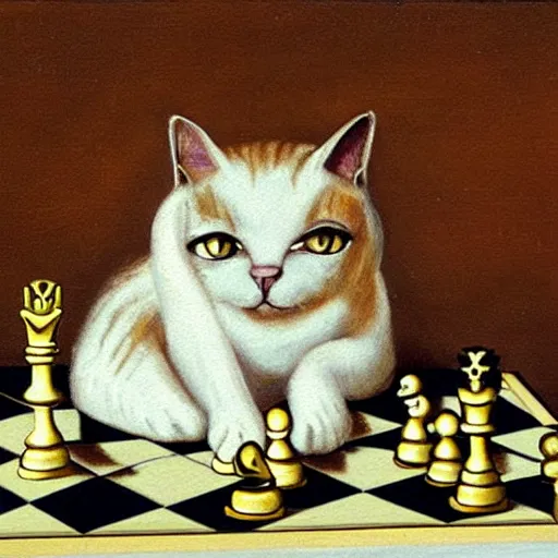 Prompt: cat playing chess looking wise, rococo oil painting