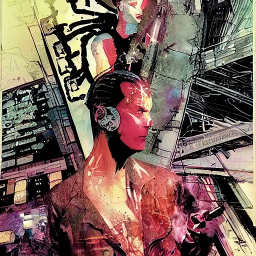 Image similar to cyberpunk dreaming by bobby zeik and bill sienkiewicz and david mack and dave mckean