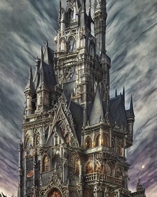 Image similar to haunted gothic castle highly detailed art nouveau rococo architecture detailed matte painting, atmosphere, dramatic lighting, epic composition, close up, low angle, wide angle, by miyazaki, nausicaa ghibli, breath of the wild