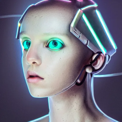 Prompt: beautiful centered Fine art photo portrait of enraptured Millie Bobby Brown as a solarpunk robotic humanoid, white mechanical parts with led lights, photorealistic, white background, highly detailed and intricate, sunset lighting, HDR 8k