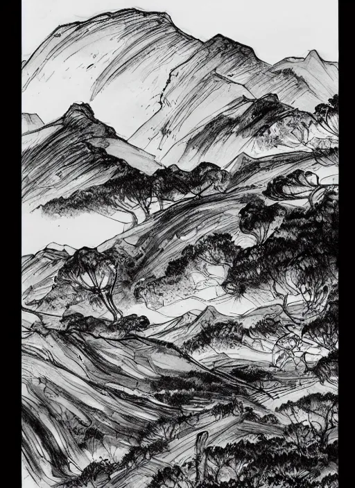 Image similar to black and white drawing of a landscape, an ink drawing by toriyama sekien, artstation contest winner, fantasy art, concept art, ink drawing, pencil sketch