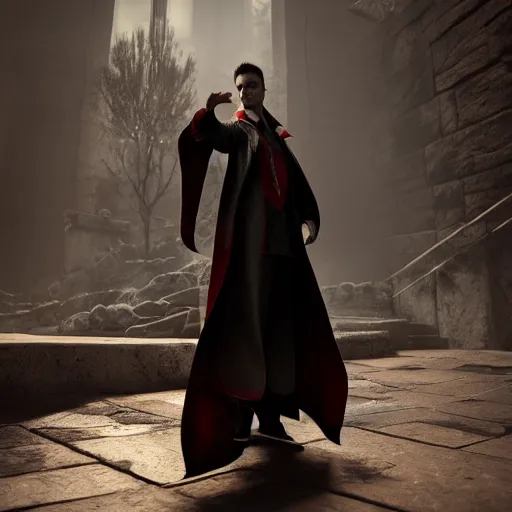 Prompt: vampire wizard in noble clothes unreal engine octane render, perfect composition, dramatic lighting