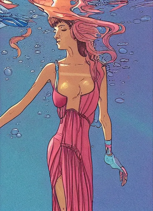 Image similar to long and wide feminine dress underwater, art by moebius